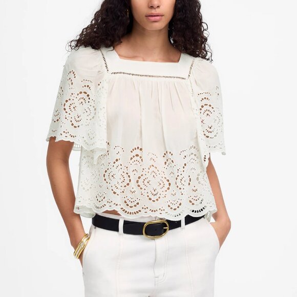 Madewell Flutter Sleeve Squareneck Scalloped Lace Trim Top White Size S NWT - Picture 1 of 8